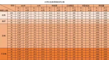 大学生体测标准评分表